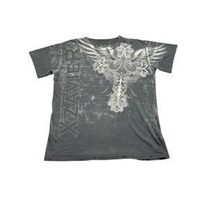 Y2K Xzavier T Shirt Mens XL Black Winged Cross Cyber Goth MMA Grundge AOP Skate